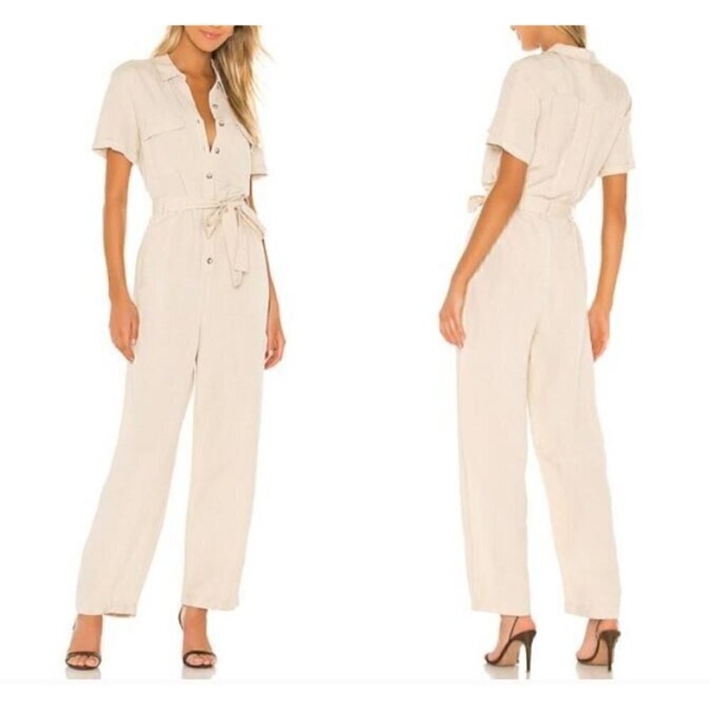 Rails Callie Jumpsuit Womens Medium Utility Button Front Tie Waist Beige Linen